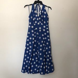 Blue and white polka dot Boden halter dress